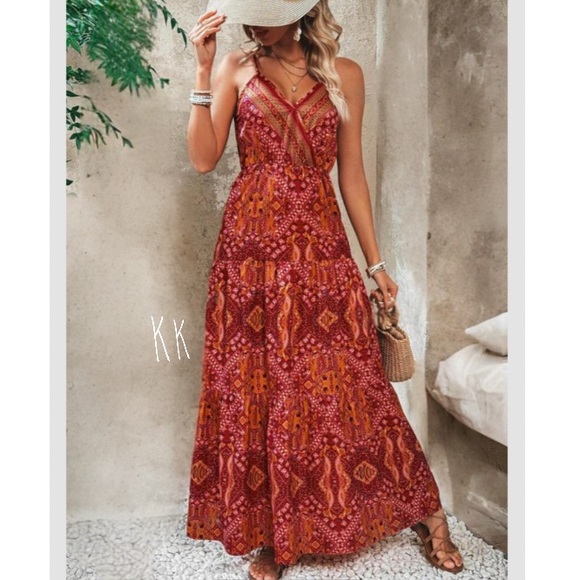 Bohemian Print Cami Maxi Dress with Pockets
